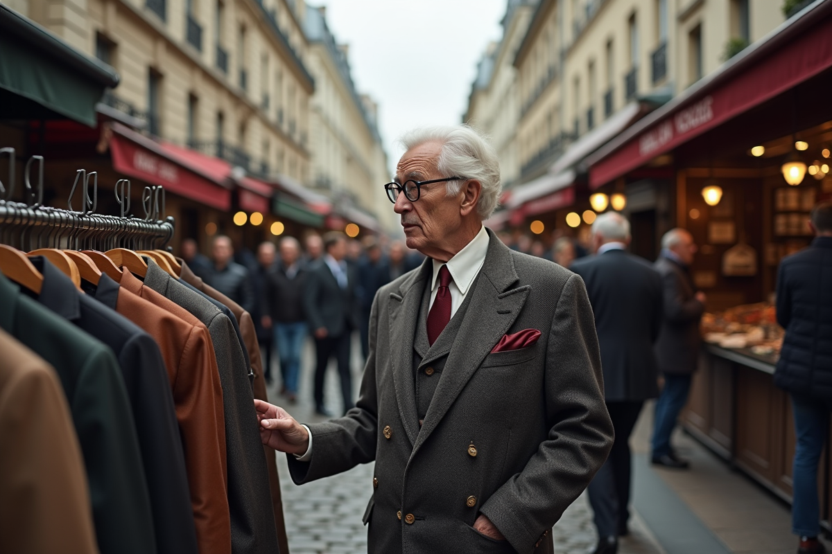 Homme âgé examinant des vestes dans un marché parisien