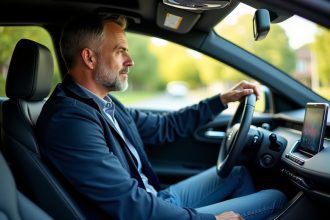 Homme d'âge moyen dans une voiture hybride moderne confortable