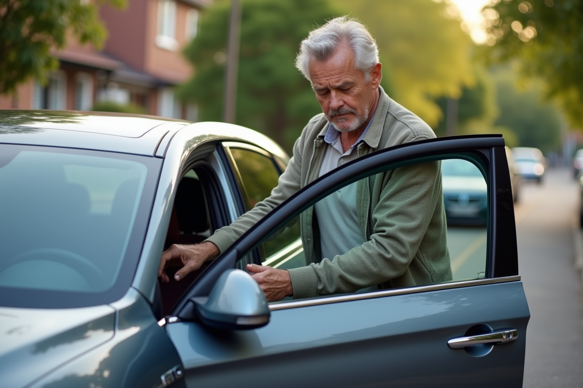 Homme d'âge moyen fermant la porte d'une voiture hybride moderne dans un quartier résidentiel