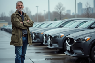 Homme d'âge moyen devant voitures neuves en concession