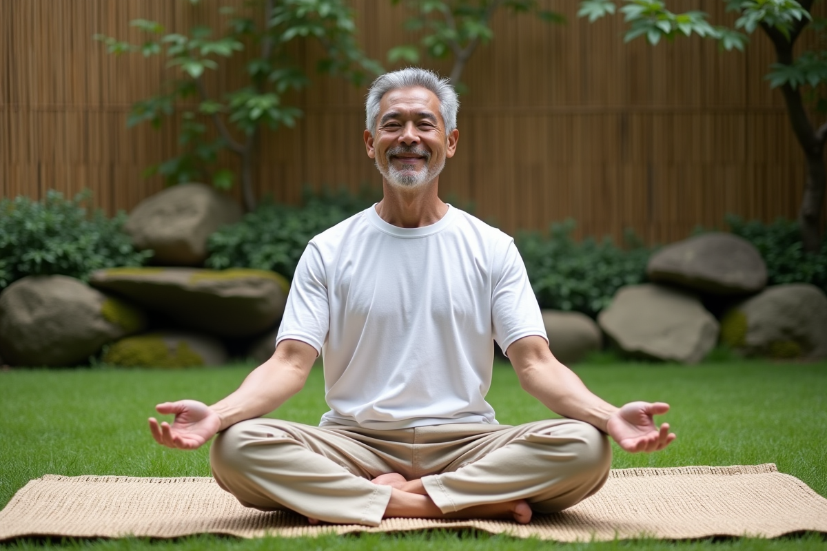Homme pratiquant le lotus dans un jardin paisible