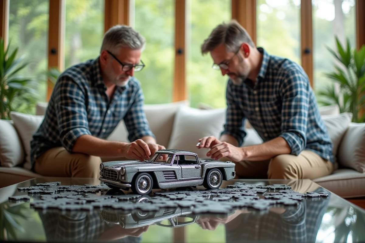 Deux hommes montent un puzzle métal de voiture dans une véranda lumineuse