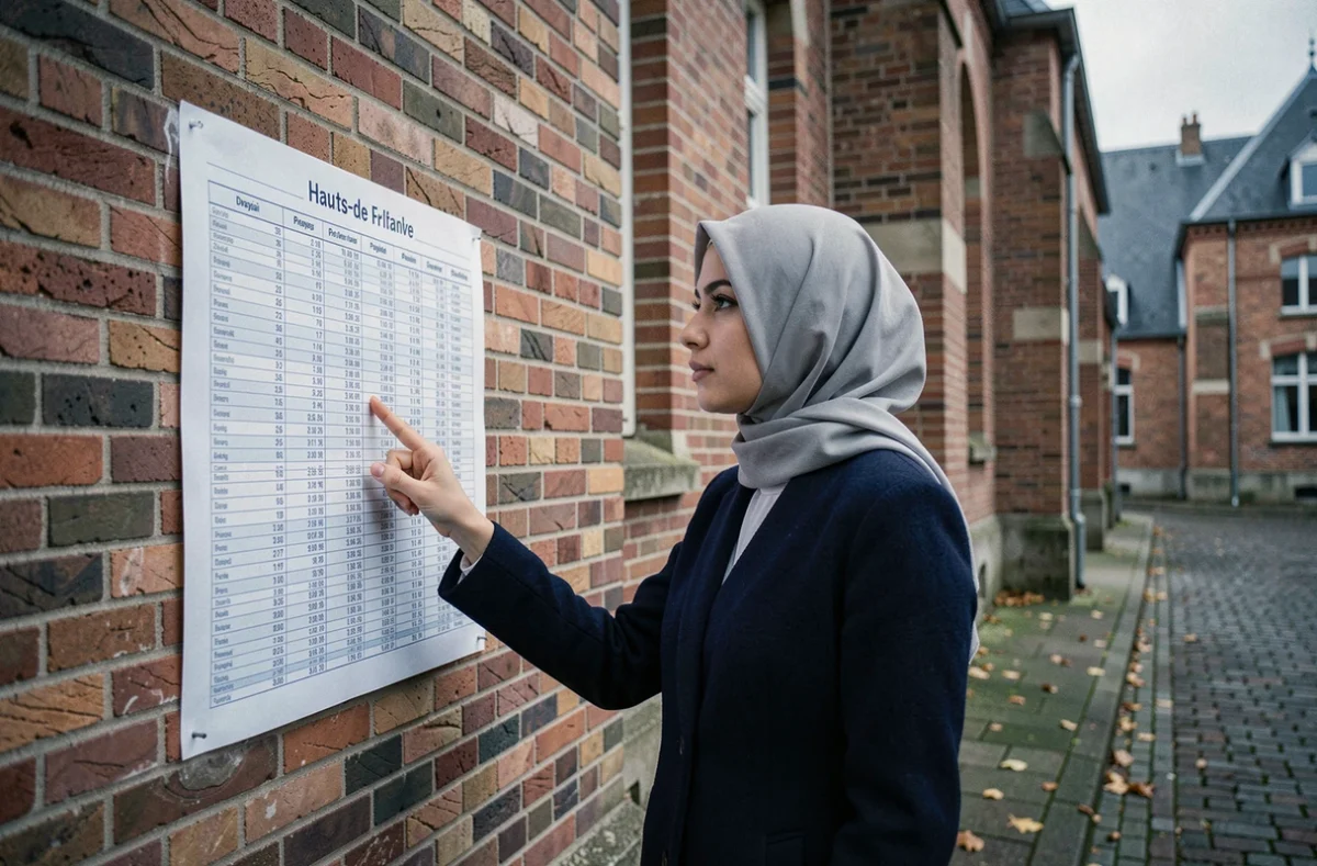 Femme musulmane consultant les horaires de prière affichés sur la façade d'une mosquée à Douai