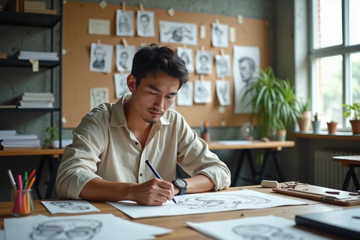 Illustrateur adulte dessinant des personnages manga inspirés par le scan One Piece 1132 dans un studio créatif