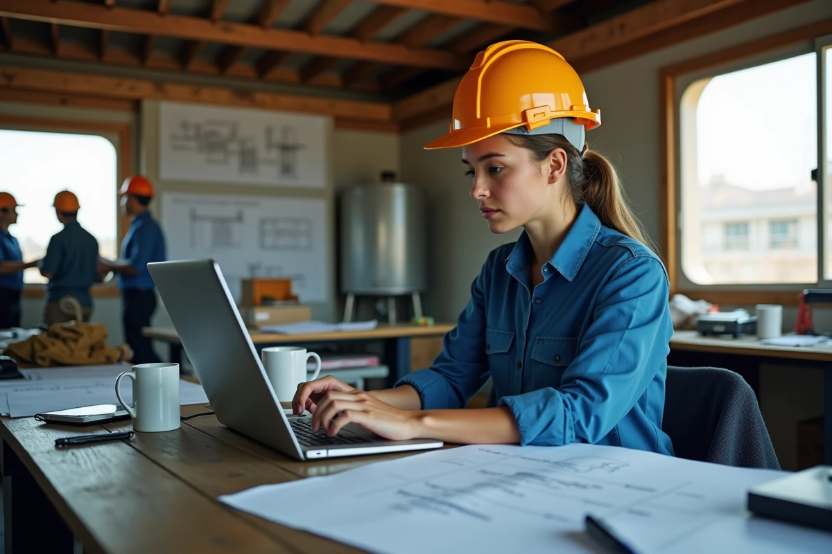 Jeune ingénieure de chantier utilisant ordinateur portable