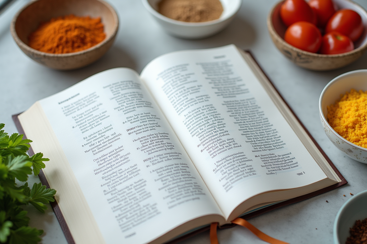 Livre de recettes ouvert avec bols contenant des ingrédients mesurés avec précision