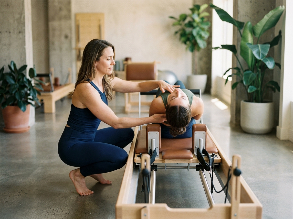 Instructrice de pilates guidant une cliente sur un reformer dans un studio parisien intimiste