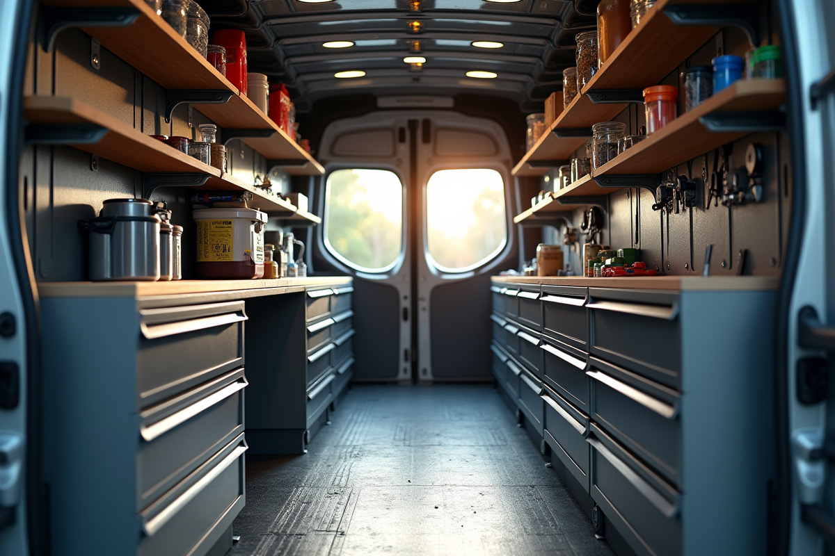 Intérieur bien organisé d'un Peugeot Expert avec outils et étagères