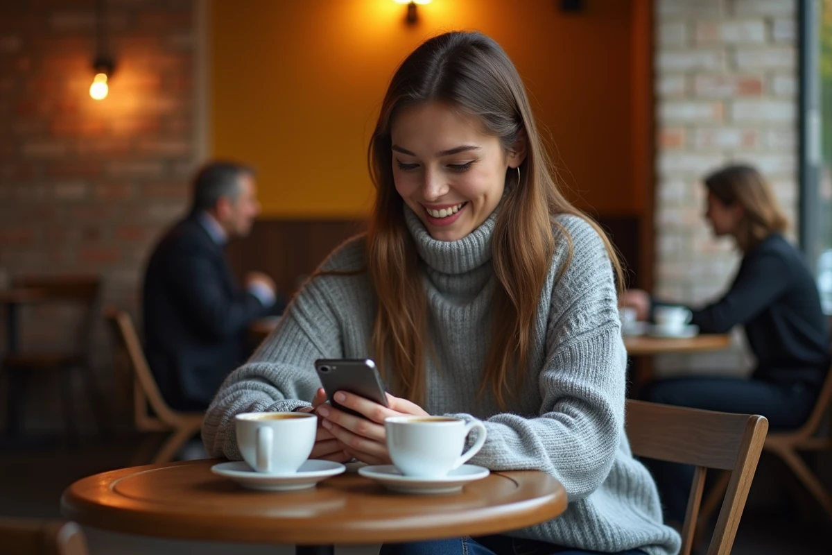 Jeune femme introvertie souriante seule dans un café en train de lire une blague sur son téléphone