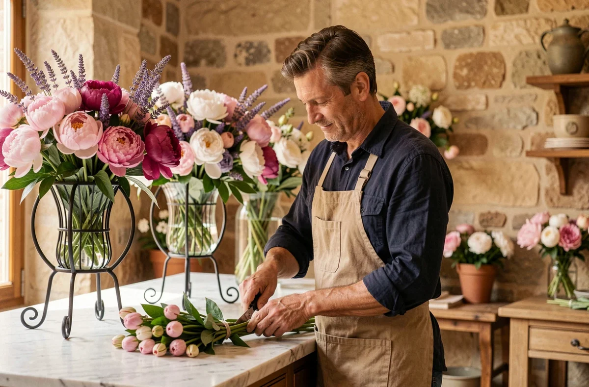 Jean Benoît fleuriste en train de préparer des bouquets dans sa boutique à Villedieu-les-Poêles-Rouffigny