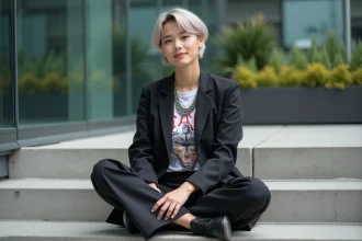 Jeune adulte nonbinaire en blazer et pantalon large en extérieur