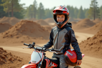 Jeune garçon en équipement motocross avec moto 150 cc