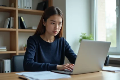 Jeune femme concentrée à étudier sur son ordinateur dans un intérieur moderne