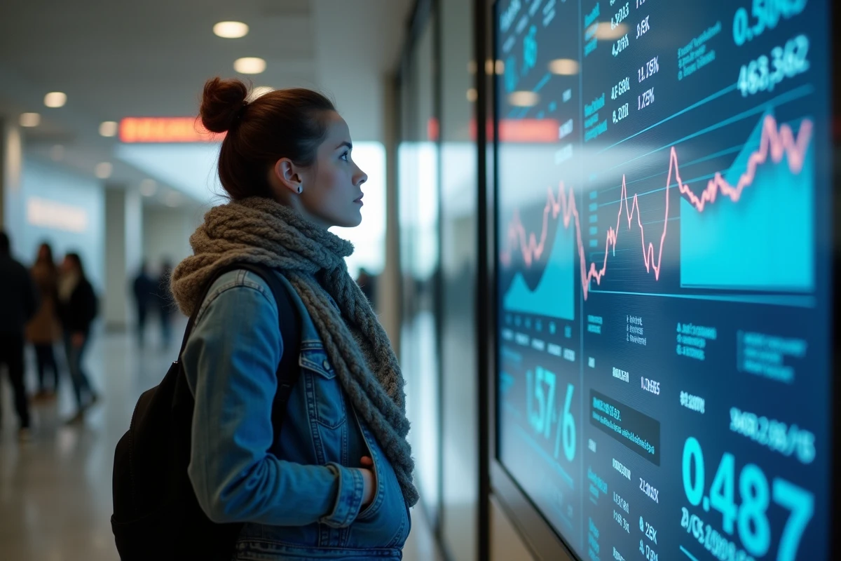 Jeune femme observant un écran de taux d