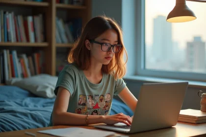 Jeune femme concentrée sur son ordinateur portable en lisant un manga