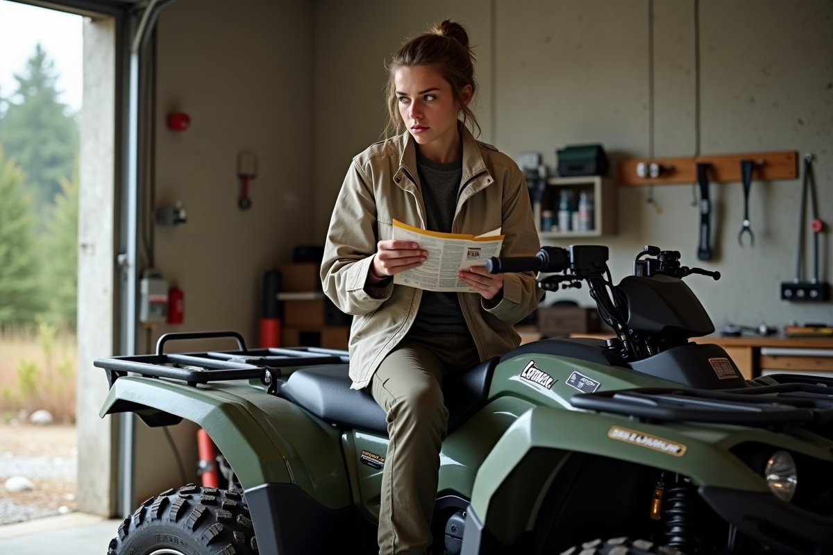 Jeune femme assise sur un quad en lisant une brochure