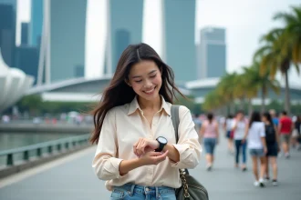 Jeune femme souriante devant Marina Bay Sands à Singapour