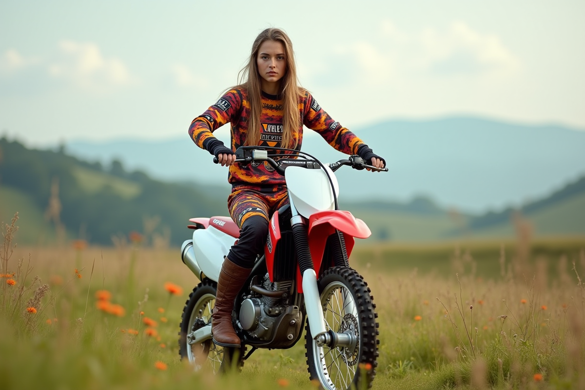 Jeune femme à motocross dans un champ verdoyant