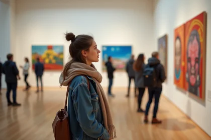 Jeune femme regardant une peinture dans un musee d'art a toulouse