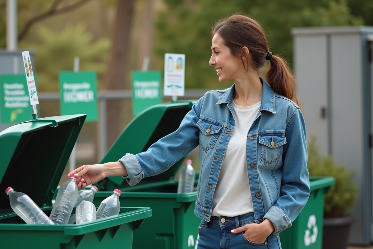 Jeune femme recyclant des bouteilles dans un centre de recyclage