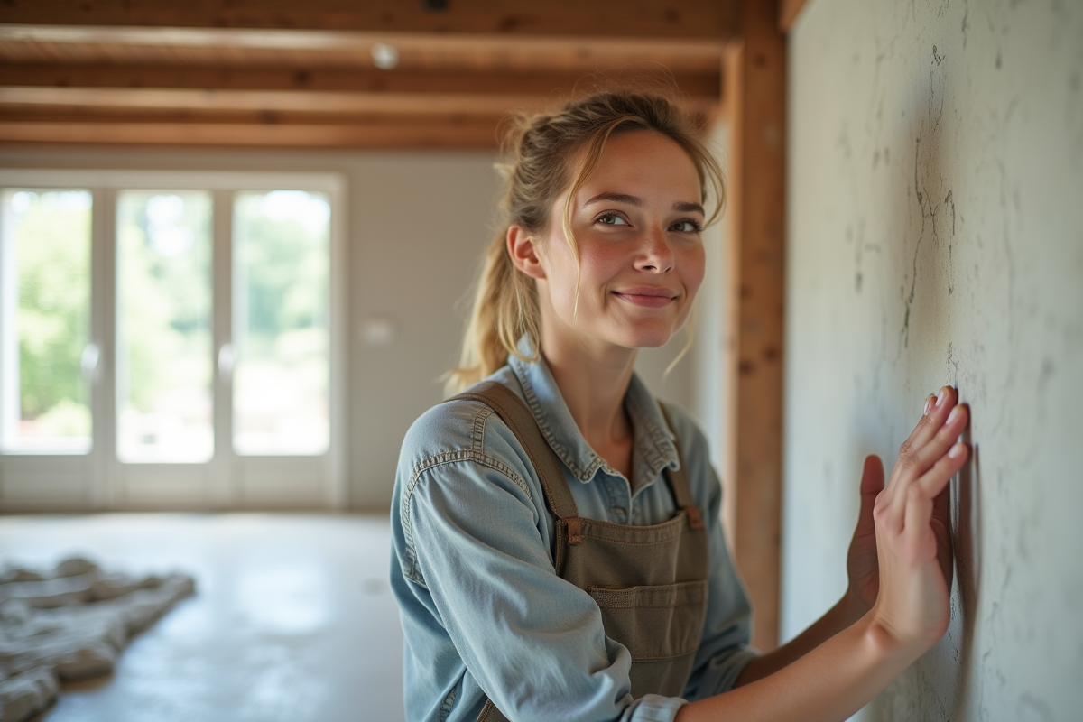 Jeune femme en combinaison lisse un mur en plâtre dans un loft lumineux