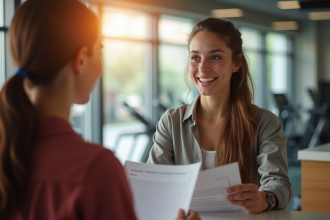 Jeune femme souriante au gym discutant avec la reception