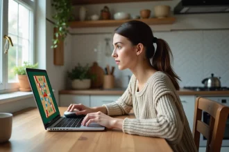 Jeune femme jouant à Scrabble dans une cuisine lumineuse