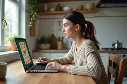 Jeune femme jouant à Scrabble dans une cuisine lumineuse