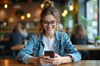 Jeune femme souriante utilisant son smartphone au café