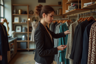 Jeune femme en vintage boutique regardant des vêtements