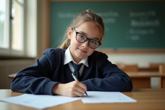 Jeune fille en uniforme scolaire concentrée à son examen