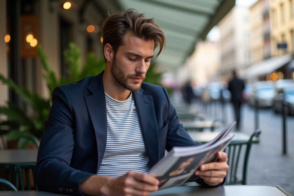 Jeune homme lisant un magazine en terrasse