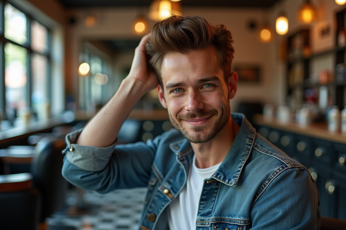 Jeune homme souriant dans un barbershop animé