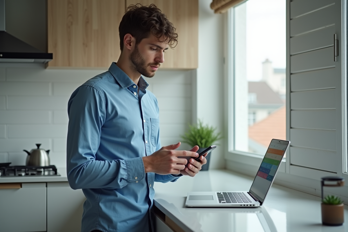 Jeune homme vérifiant son calendrier dans la cuisine