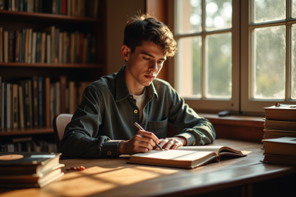 Jeune homme assis à un bureau avec livres et vinyles vintage