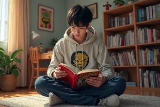 Jeune homme lisant manga One Punch Man dans sa chambre