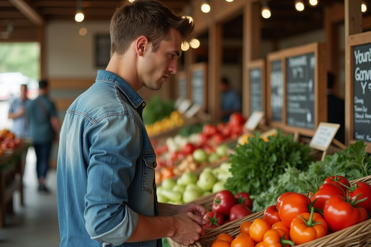 Jeune homme achetant des produits frais au marché intérieur