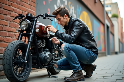 Jeune homme appliquant un decal sur sa moto custom en ville