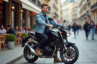 Jeune homme en denim sur moto 125cc en ville