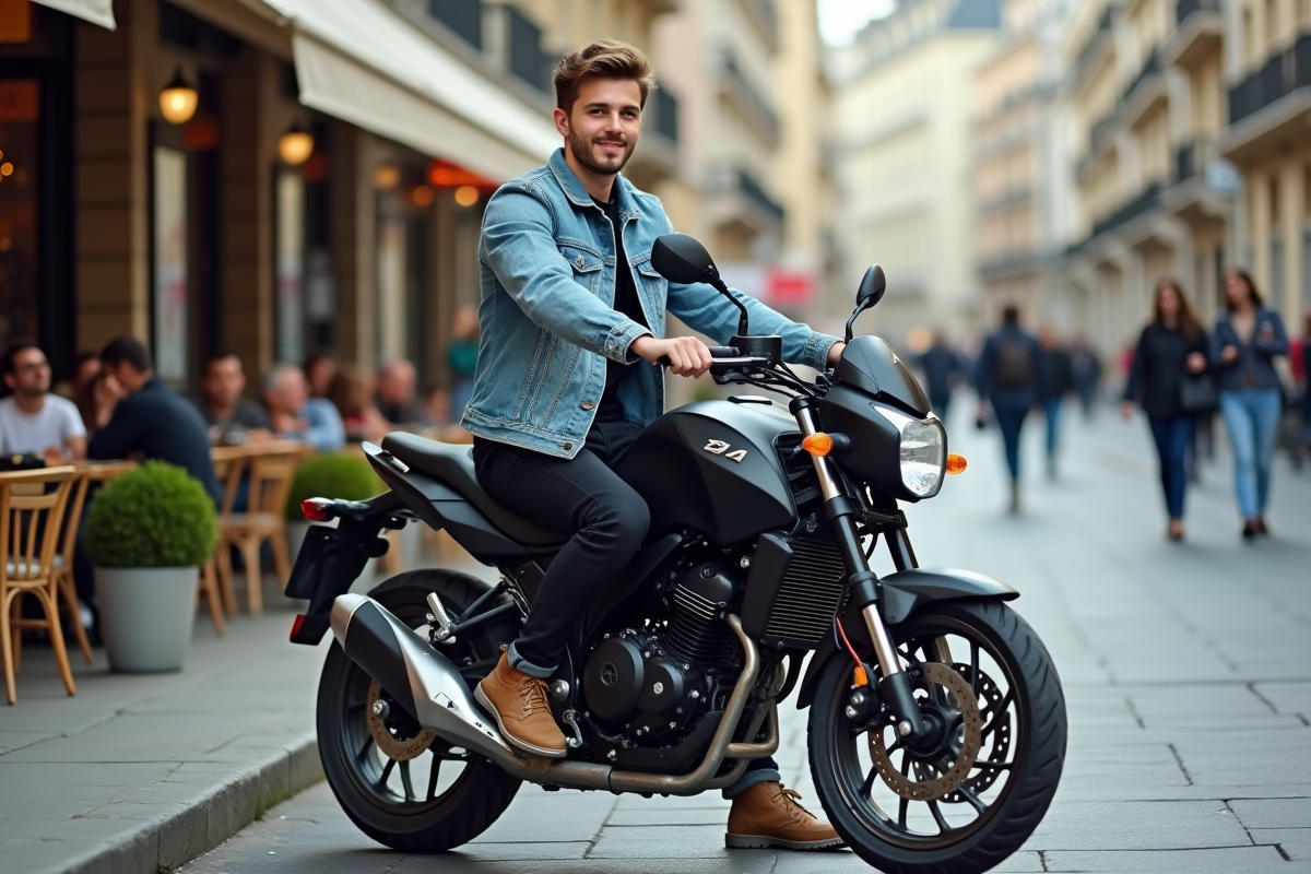 Jeune homme en denim sur moto 125cc en ville