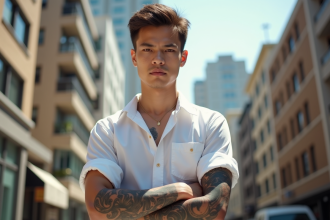 Jeune homme debout en extérieur avec tatouage bras