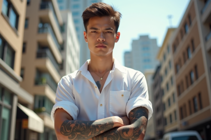 Jeune homme debout en extérieur avec tatouage bras