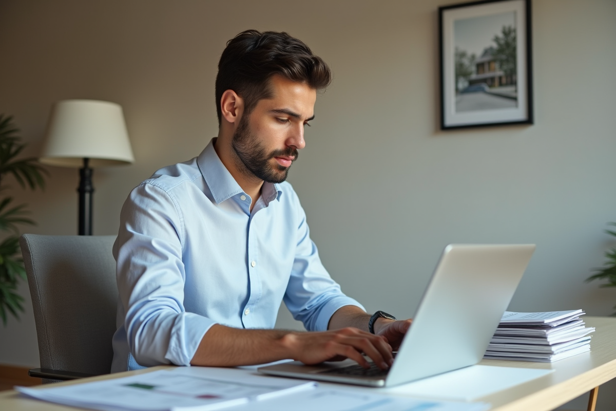 Jeune homme français travaille sur son ordinateur dans un bureau moderne
