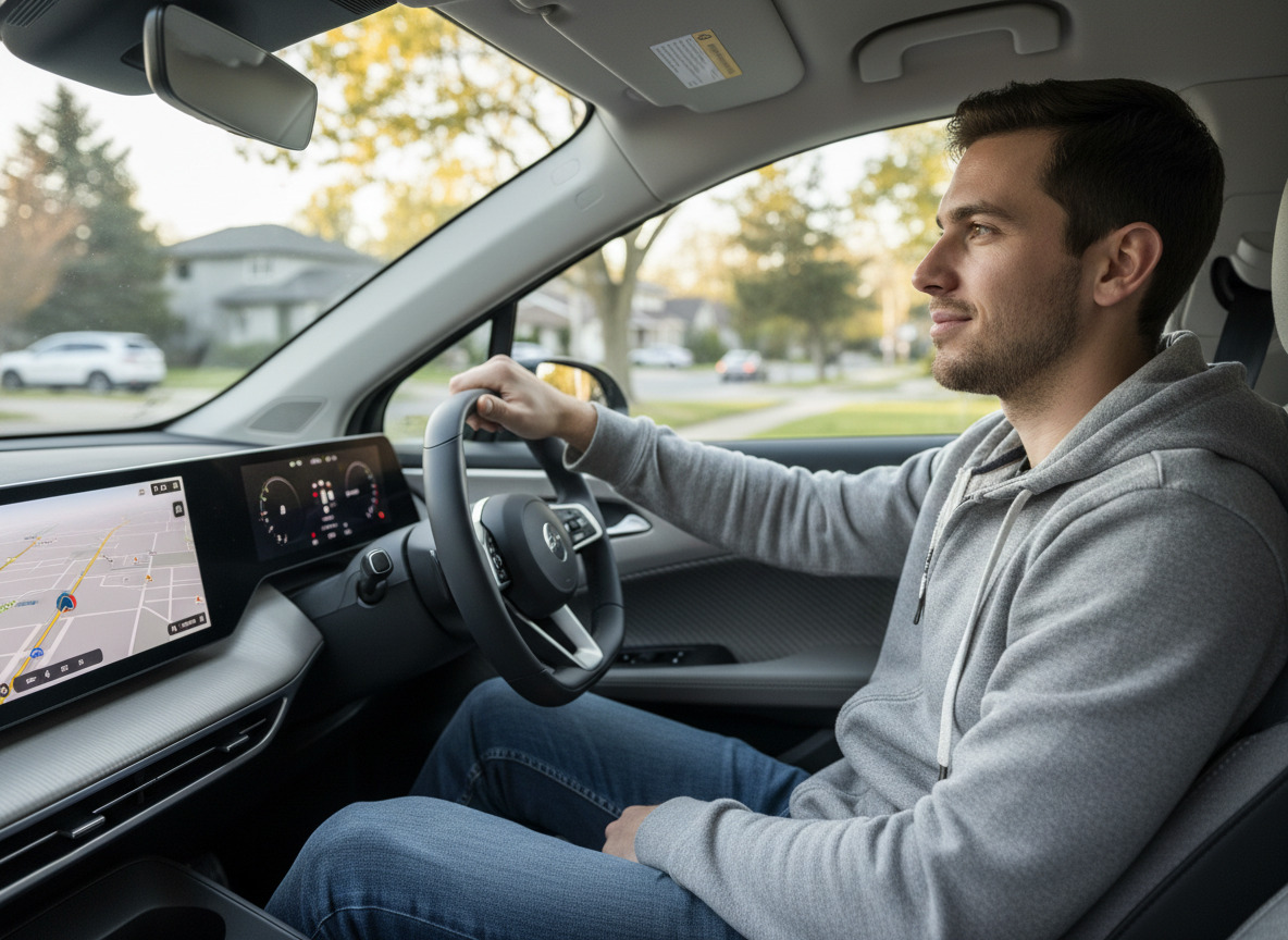 Jeune homme dans voiture électrique regardant par la fenêtre