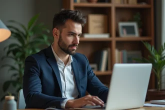 Jeune homme en blazer regardant son ordinateur dans un bureau moderne