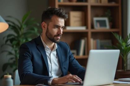 Jeune homme en blazer regardant son ordinateur dans un bureau moderne