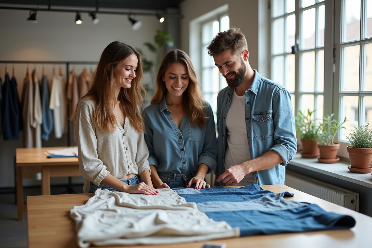Jeunes designers textiles examinant un vêtement dans un studio moderne