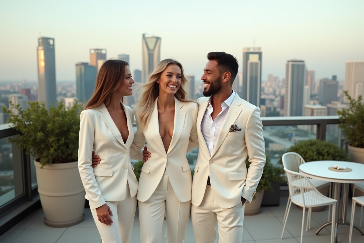 Jeunes en tenues blanches sur un rooftop avec vue urbaine