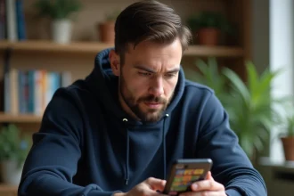 Joueur adulte concentré sur son smartphone avec interface de jeu de plateau coloré Monopoly GO, ambiance bureau à domicile