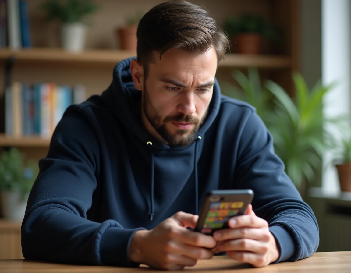 Joueur adulte concentré sur son smartphone avec interface de jeu de plateau coloré Monopoly GO, ambiance bureau à domicile